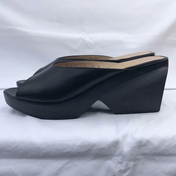 Ferragamo Wood & Leather Platform Peep Toe Slide/Mule w/3” Heel, Black - Picture 5 of 16